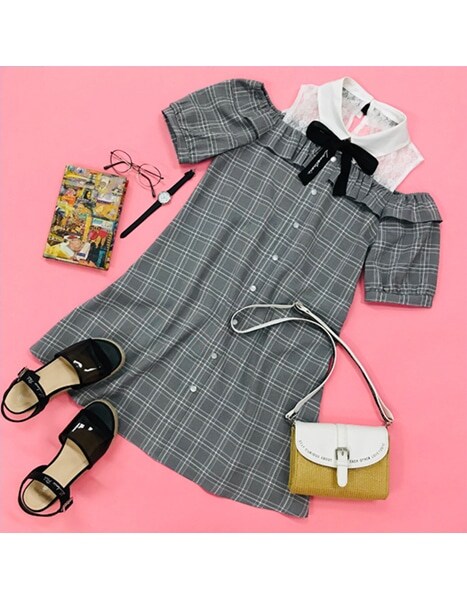 Narumiya Online ナルミヤ オンラインの公式通販サイトリボンタイつきチェックレイヤード風ワンピース S 140 黒 ジュニア