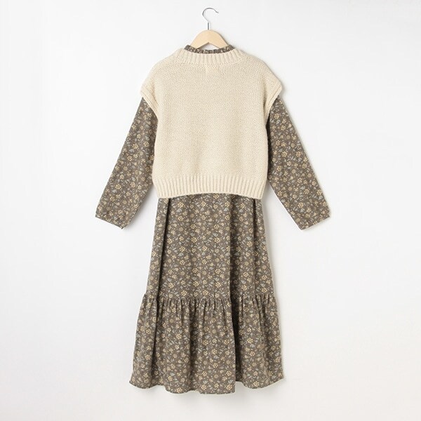 プティマインリアンリンクニット花柄ワンピースセット WEB限定色あり【リンク】ニット花柄ワンピセット(F コゲ茶