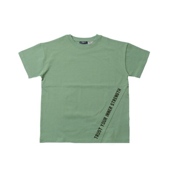 天竺・USAコットン ドロップショルダー斜め切替プリント半袖Tシャツ