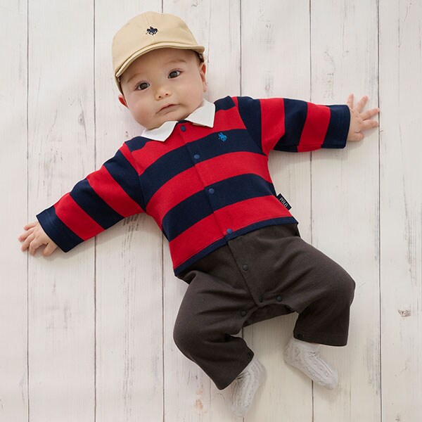 POLO BCS】ボーダーカバーオール(70cm ディープ レッド): ベビー