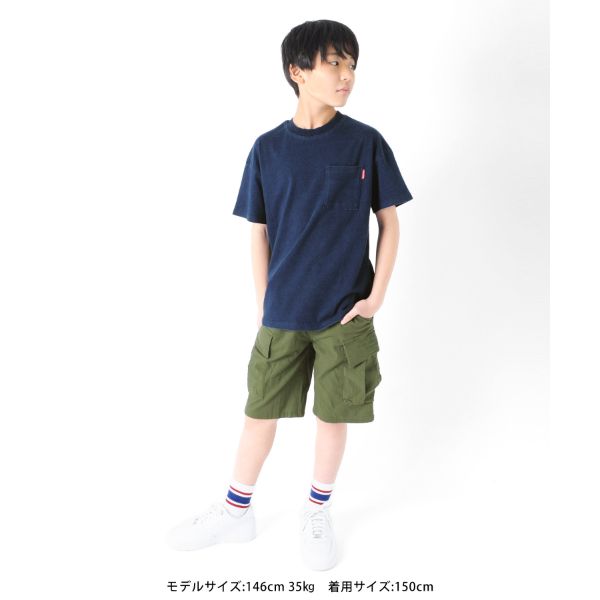 インディゴ天竺・ドロップショルダーポケット半袖Tシャツ【セットアップ対応】
