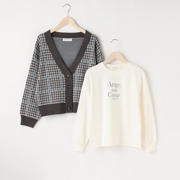 Vネックチェックカーディガン＆Tシャツセット(S(140) ベージュ