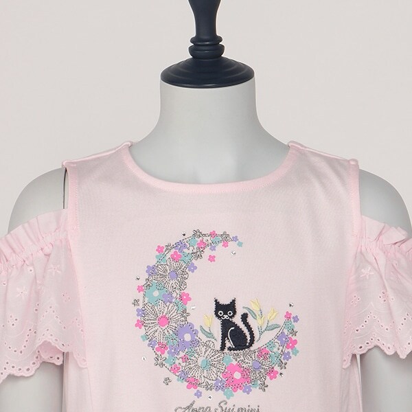 ☆月猫刺しゅう肩開き半袖Tシャツ(100cm ラベンダー): キッズ