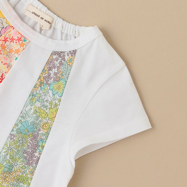 センスオブワンダーのリバティパッチワークTシャツ120オフホワイト&130ピンク センスオブワンダー(sense of wonder)リバティパッチワークT