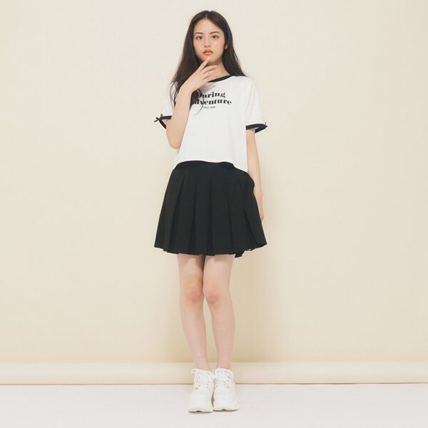 130cmあり】フロントロゴ袖リボンリンガーTシャツ(SS(130-140