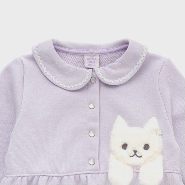 ネコモチーフワンピース+ティペット(85-95cm ラベンダー