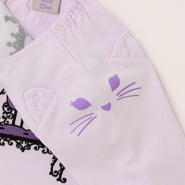 花ネコ刺しゅう長袖Tシャツ(90cm ラベンダー): キッズ
