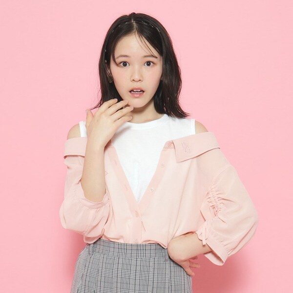 袖ギャザーシアーレイヤードデザインシャツ(S(140) オフホワイト
