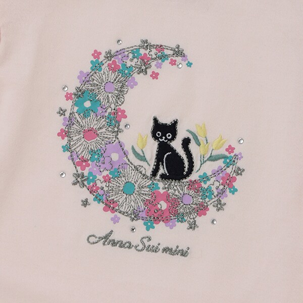 リピート】【直営店で取り扱い無し】月猫刺しゅう 肩開き 半袖Tシャツ