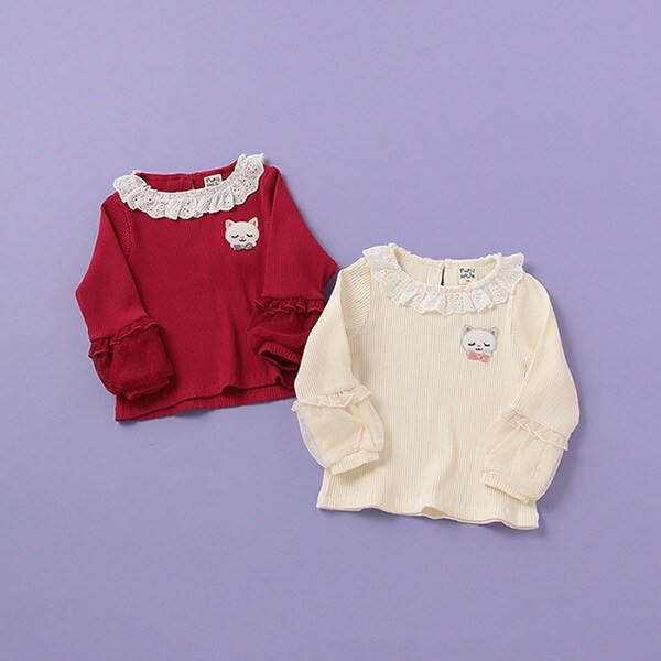 pupil house ネコワンポイント袖チュールテレコTシャツ フリル レース