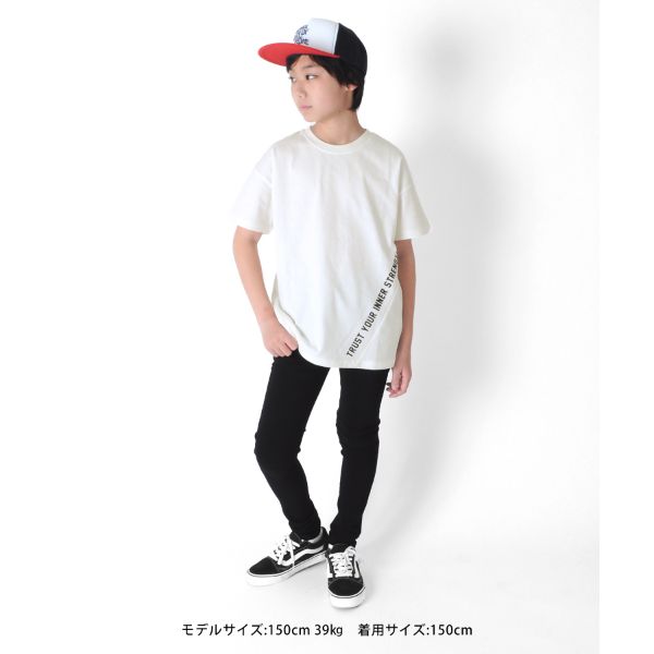 天竺・USAコットン ドロップショルダー斜め切替プリント半袖Tシャツ