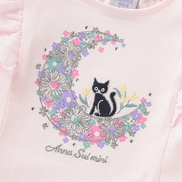 月猫刺しゅう肩開き半袖Tシャツ(80 ライト ピンク): 新生児 - ナルミヤ