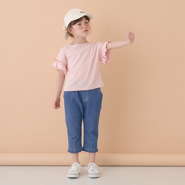袖フリルリボントップス(100cm オフ ホワイト): キッズ