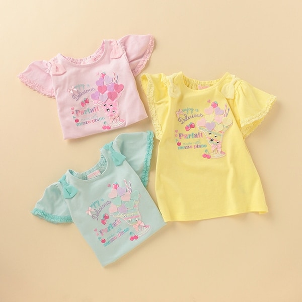 パフェ刺しゅう肩リボンTシャツ(90 レモン イエロー): キッズ 