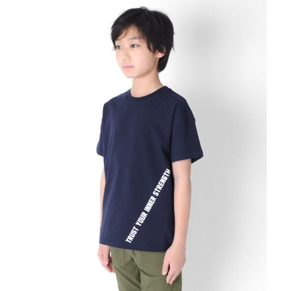 天竺・USAコットン ドロップショルダー斜め切替プリント半袖Tシャツ