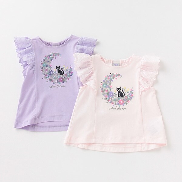 月猫刺しゅう肩開き半袖Tシャツ(80 ライト ピンク): 新生児 - ナルミヤ