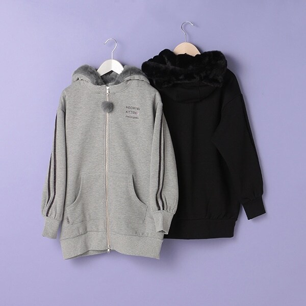 Narumiya Online ナルミヤ オンラインの公式通販サイト裏起毛 ネコ耳つきロングジップパーカー S 140 グレー ジュニア