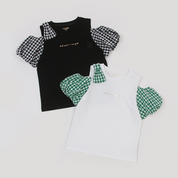 ガールズ ギンガムスリーブTシャツ(140cm 黒): ジュニア