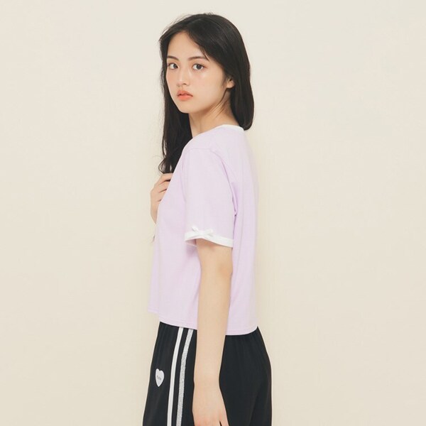 130cmあり】フロントロゴ袖リボンリンガーTシャツ(SS(130-140
