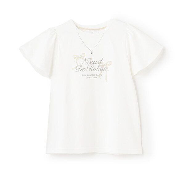 ネックレス風刺しゅうフレアスリーブTシャツ(S(140cm) 白