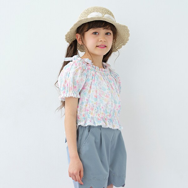 水彩フラワー柄パフスリーブ ブラウス(110cm 白): キッズ 水彩フラワー柄パフスリーブ ブラウス(110cm 白): キッズ