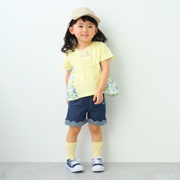 無地×花柄切替半袖チュニック(80cm トップ グレー): キッズ 無地×花柄切替半袖チュニック(80cm トップ グレー): キッズ