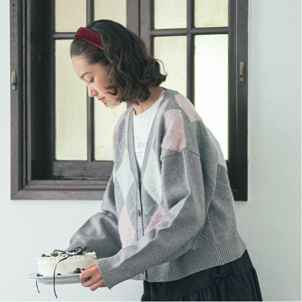 アーガイルシャギーカーディガンTシャツセット(S(140cm) グレー