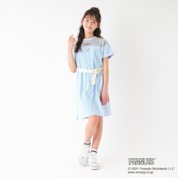 Narumiya Online ナルミヤ オンラインの公式通販サイト Peanutsコラボ ベルトつきtシャツワンピース S 140 サックス ジュニア