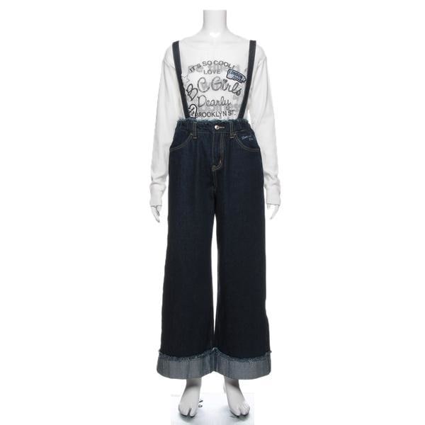 サスペンダーつきデニムロールアップワイドパンツ