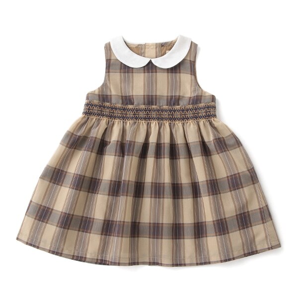 Narumiya Online ナルミヤ オンラインの公式通販サイトオーガンジーチェックスモッキングワンピース 日本製 80 ベージュ キッズ