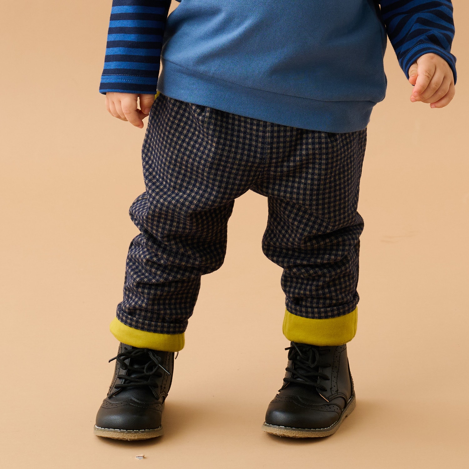MAGALI チェック柄 ブラックカジュアルパンツ カットジャカードチェックパンツ(80cm 紺): ベビー - ナルミヤ