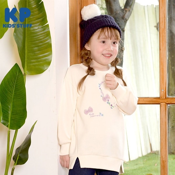 ハート型刺繍とリボンの裏毛トレーナー(120~130)