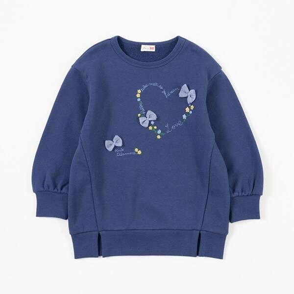 ハート型刺繍とリボンの裏毛トレーナー(120~130)