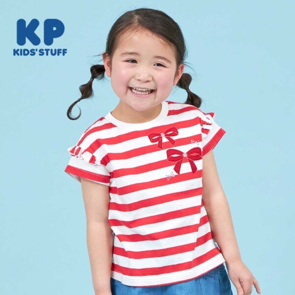 リボンアップリケのボーダー半袖Tシャツ(110~130)