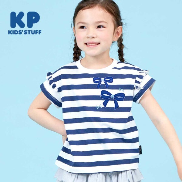 リボンアップリケのボーダー半袖Tシャツ(110~130)