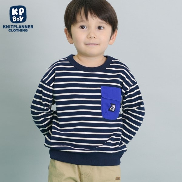 KPBOY ミニ裏毛ポケット付きボーダートレーナー(90~160)