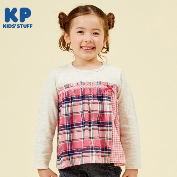 KP チェック切り替えリボン付き長袖Tシャツ(80~150)