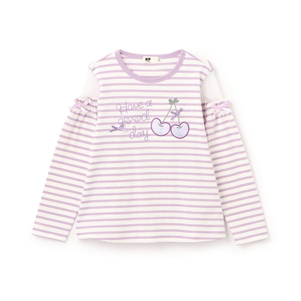肩チュールボーダー長袖Tシャツ