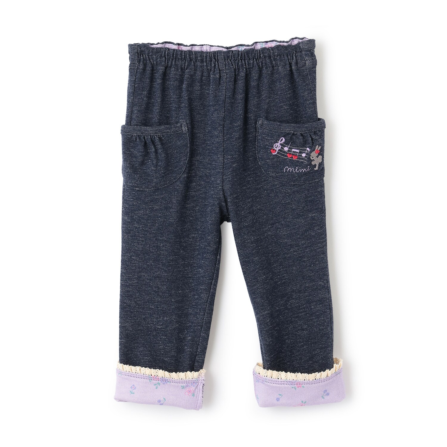 裾折り返し デニム風ニットツイル パンツ(80cm 紺): キッズ