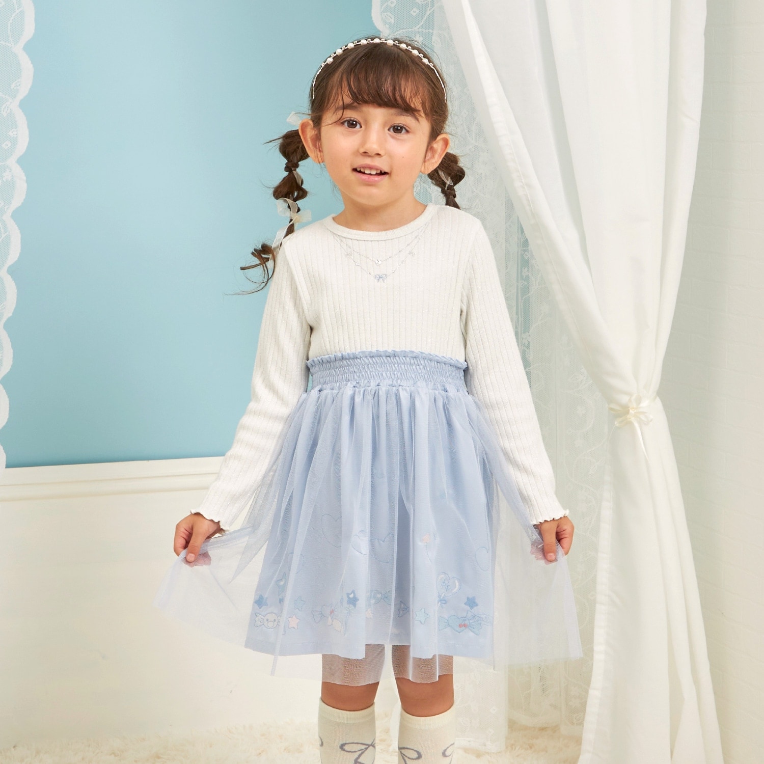 mimiちゃん刺しゅう ラメテレコ×チュール ワンピース