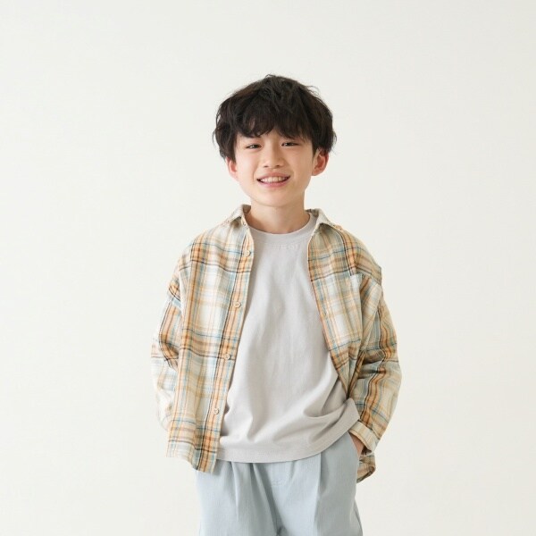 パパもおそろい】Kidsピーチキモウチェックシャツ(90cm ベージュ