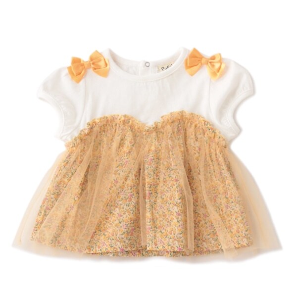 花柄プリント肩リボンつきチュールドッキングTシャツ(80 オレンジ 