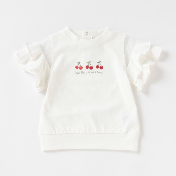 TREFLE+1 チュールTシャツ ホワイト 新品 チュール切り替え袖フリルTシャツ(80 オフ ホワイト): キッズ