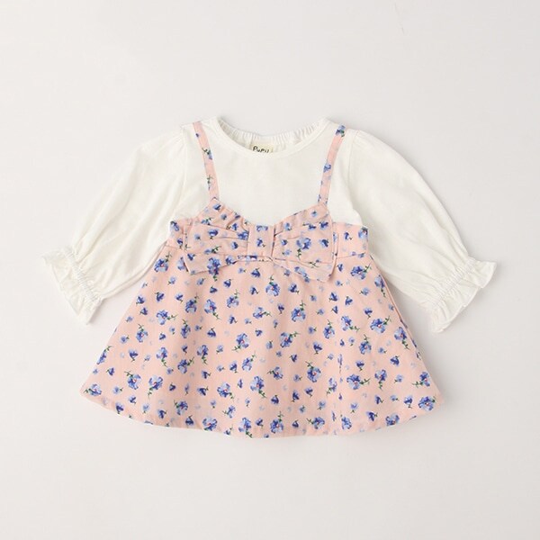 胸リボン花柄ドッキングTシャツ