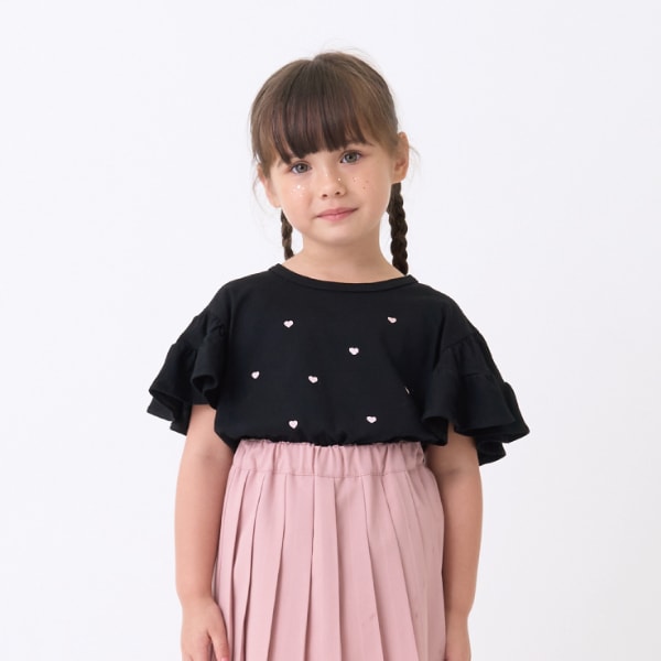 【接触冷感】ハート刺しゅうフリルスリーブTシャツ