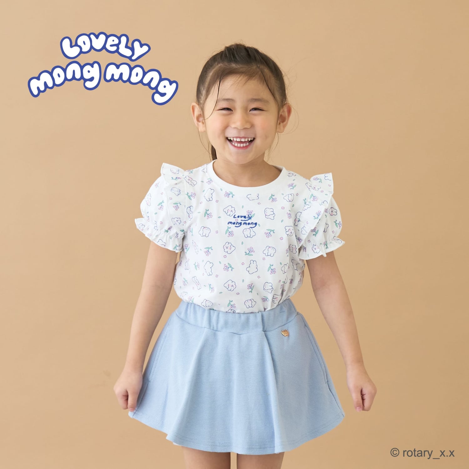 【綿100％】 【ラブリーモンモン】【速乾・UV・型崩れしない】パフスリーブ総柄プリントTシャツ