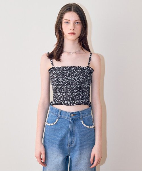 花柄シャーリングブラトップ【韓国ファッション】