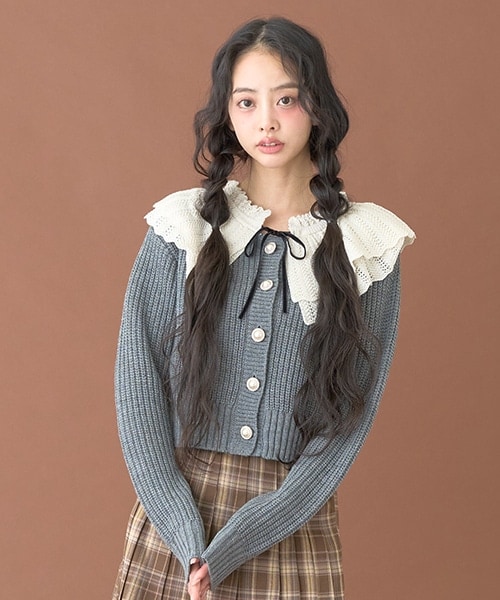 フリルカラーパールボタンカーディガン【韓国ファッション】