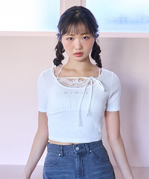 ラインストーンクロップド半袖Tシャツ