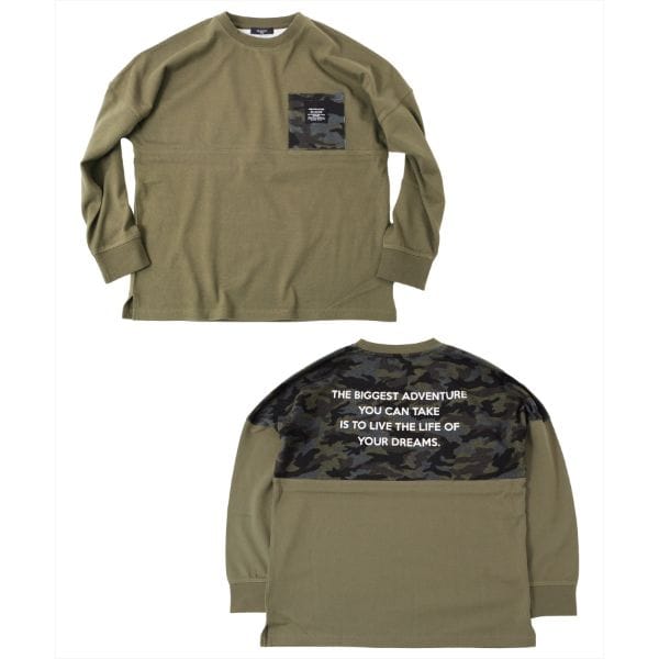 厚手天竺・ドロップショルダーバッグカモフラプリント長袖Tシャツ